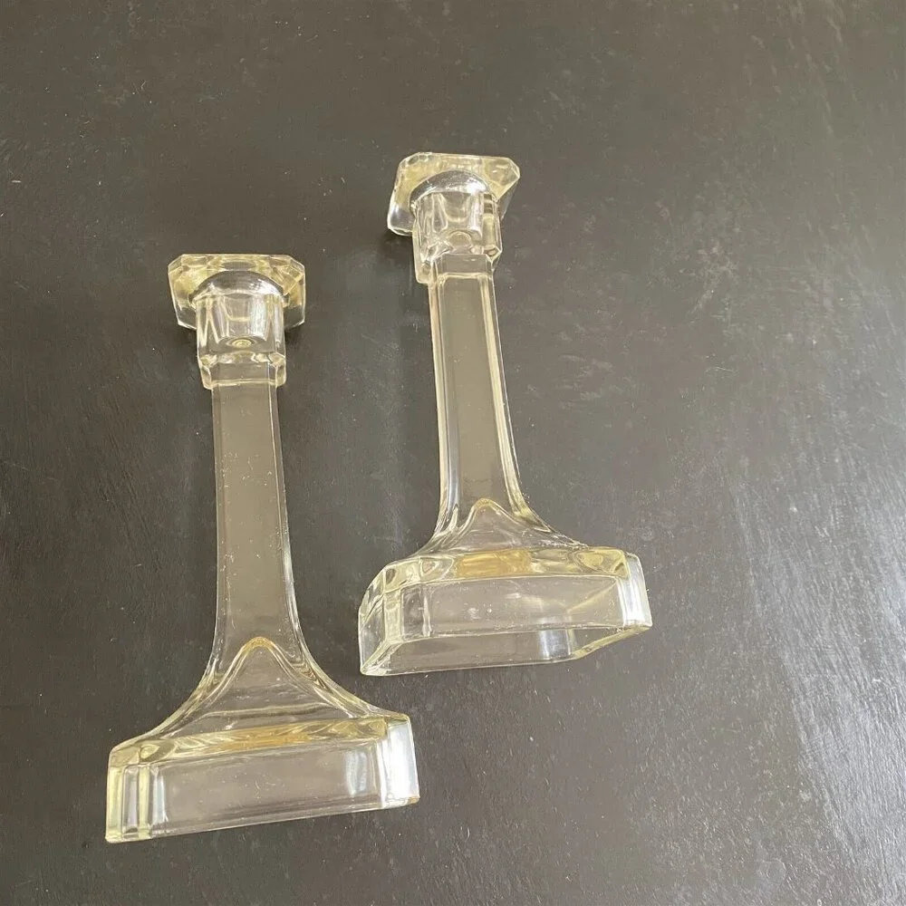 Vintage Pair Glass Candle Sticks Taper Candleholders Clear Square Base 7.5